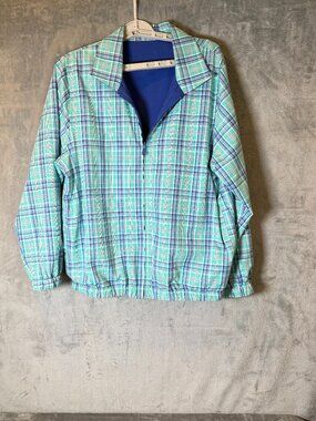 Vintage Plaid Windbreaker Jacket Blue Green Half Zip Oversized Retro